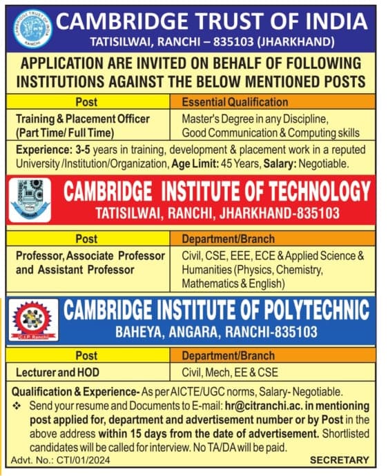 CIT Ranchi Teaching & Non-Teaching Job 2024